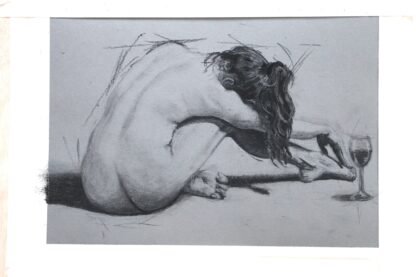 Picture of a charcoal drawing of a naked woman with a glass of wine at her side