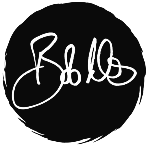 A black swirl with Bob Iles signature inside it acting as a logo
