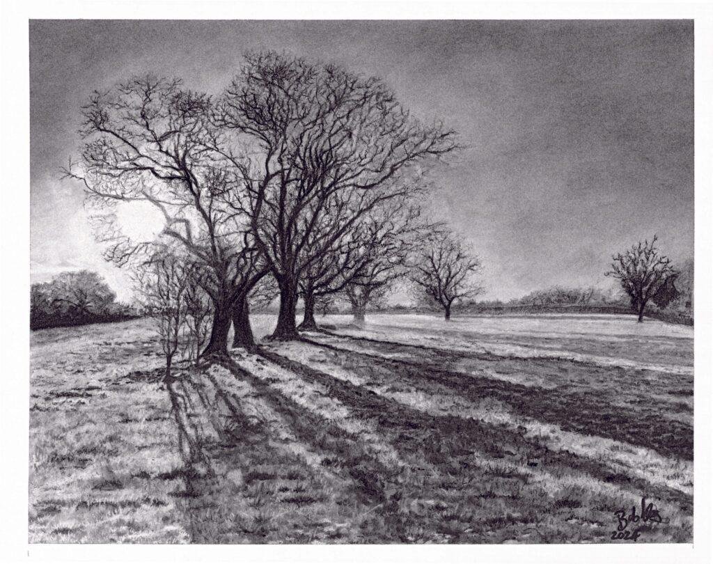 Holding the sun 2024 an original charcoal drawing by Bob Iles