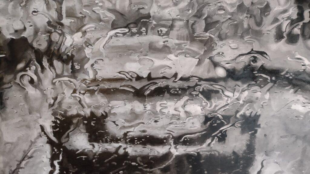 Through the windscreen an original charcoal artwork by Bob Iles 2024