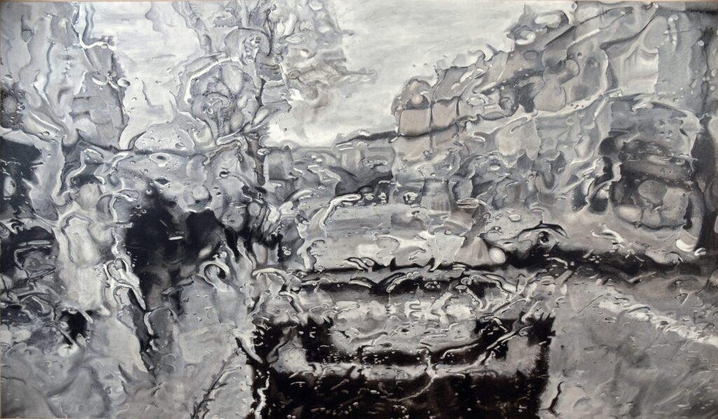 Through the windscreen an original charcoal artwork by Bob Iles 2024