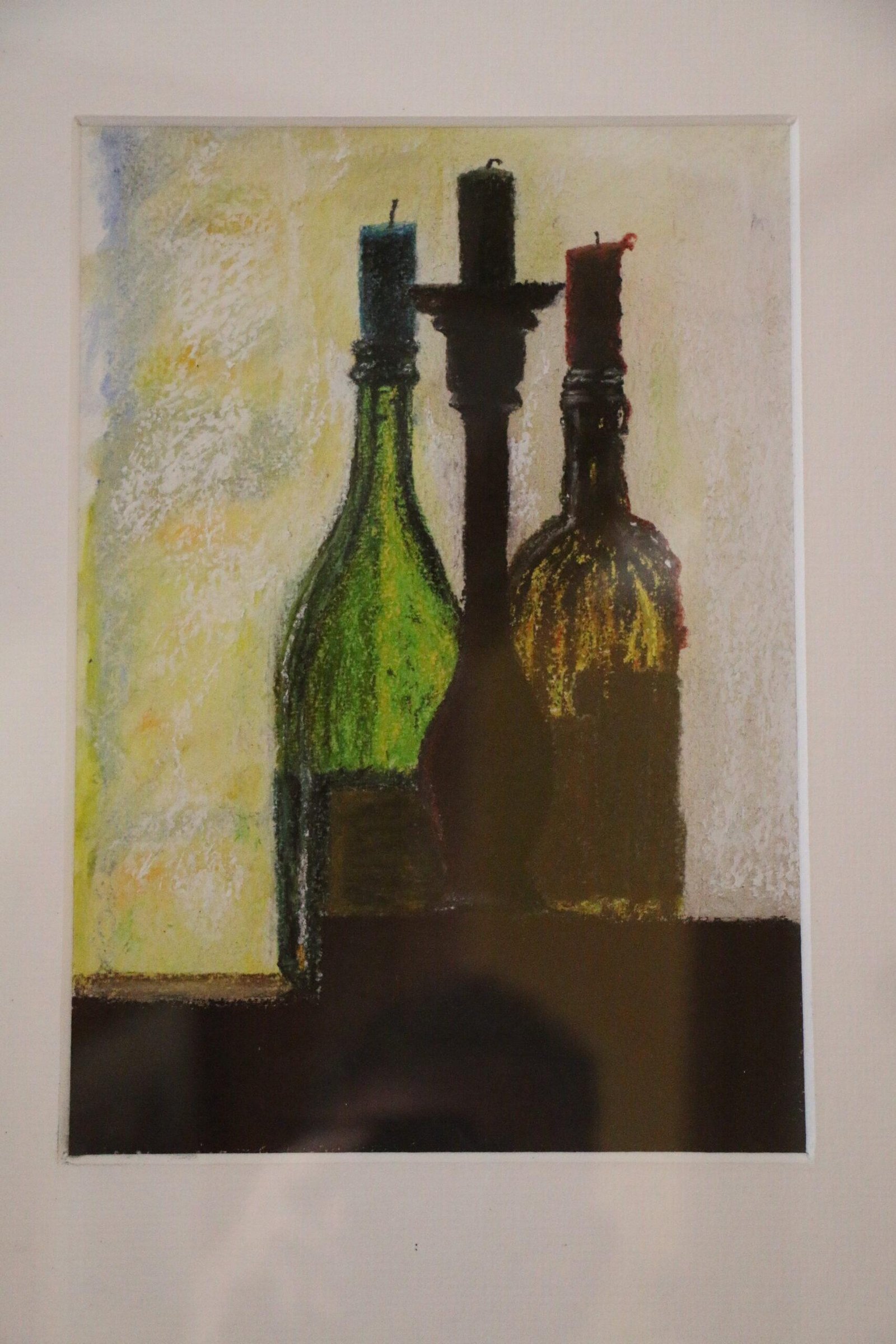 Still life 1 Bottles and candles painted in soft pastels by Bob Iles