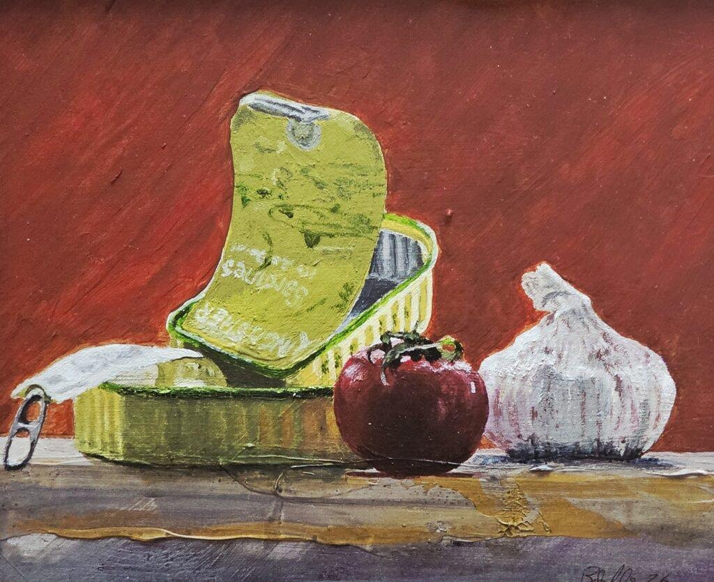 Still life Garlic, tomato and Sardines painted in Acrylic paints in 2026