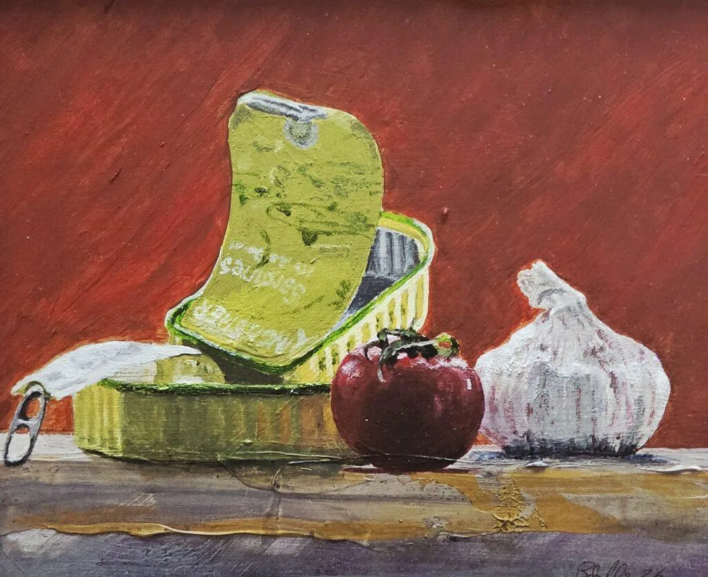 Still life Garlic, tomato and Sardines painted in Acrylic paints in 2026