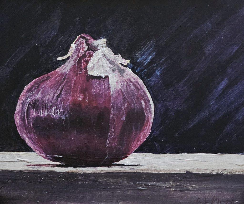 Painting in Acrylics of a red onion sat on a work surface